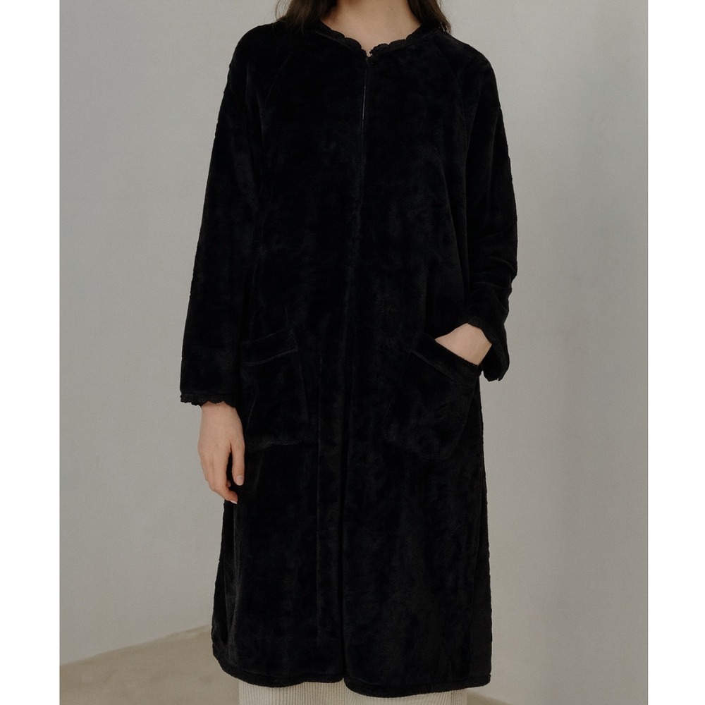 Eileen West Black Fleece Sleep Robe Womens Size Small Medium Full Zip Pockets